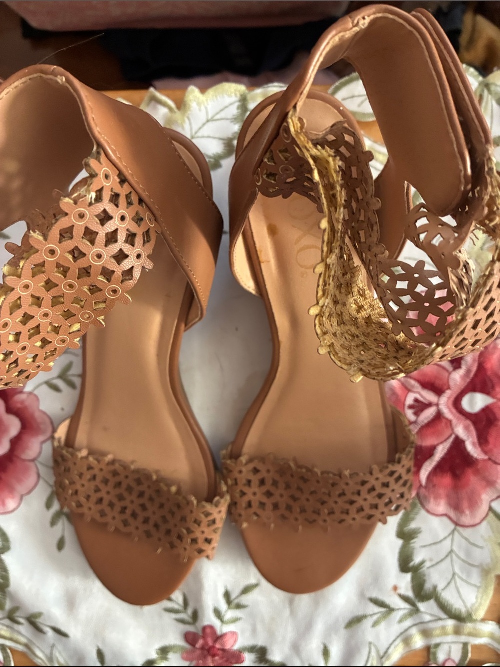 XOXO Cognac Laser-Cut Ankle Strap Heels